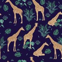 Seamless pattern with giraffes and tropical leaves. Vector graphics.