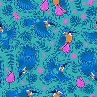 Kingfisher seamless pattern on a green background. Vector graphics.