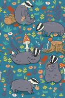 Seamless pattern with forest badgers. Vector graphics.