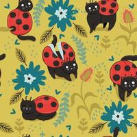 Seamless pattern with cats - ladybirds. Vector graphics