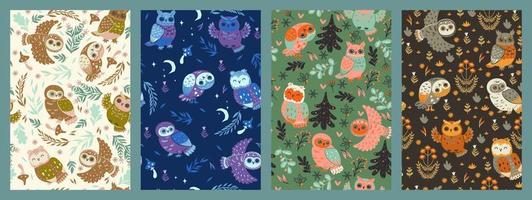 Set of cute patterns with owls. Vector graphics