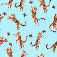 Seamless pattern with tigers playing with butterflies. Vector graphics.