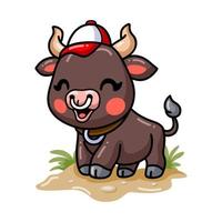 Cute baby bull cartoon wearing hat vector