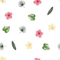 Seamless pattern with tropical flowers and leaves on white background. Hibiscus and plumeria. For textile, wrapping paper, packaging. vector