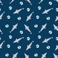 Seamless pattern with sharks and beach balls on blue background. For apparel, textile, wrapping paper, packaging. vector