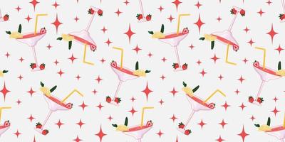 Seamless pattern with cocktail glasses with lemon and strawberries. For textile, wrapping paper, cards, packaging. vector