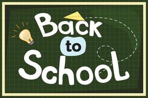 Hand drawn text back to school. Back to school illustration with a bulb and paper plane on green background. vector