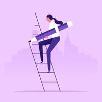 Create your own career path and success - Entrepreneur walking up stairs while drawing with pencil. Personal development concept. Vector illustration