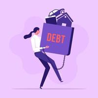 Businesswoman carrying heavy burden of house and car debts. financial problem flat vector illustration. Loan, property, bankruptcy concept