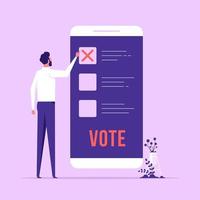 hombre con smartphone para votar electrónicamente. votando en el teléfono móvil. referéndum o elección. aplicación para voto electrónico móvil. ilustración vectorial vector