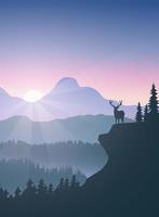 paisaje matutino plano con un ciervo en la cima de un acantilado con bosque, fondo de montaña vector