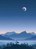 Hand drawn foggy scenery with lake and mountains background vector