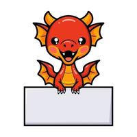 Cute red little dragon cartoon with blank sign vector