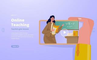 Flat design online teaching with video tutorial concept vector