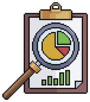 Pixel art investment analysis with magnifying glass and clipboard vector icon for 8bit game on white background