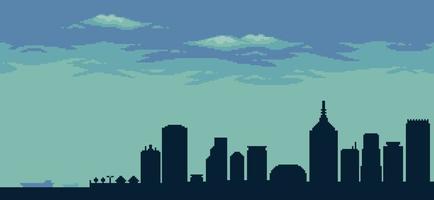 Pixel art city background blue with buildings, constructions, bridge and cloudy sky for 8bit game vector