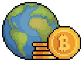 pixel art bitcoin y criptomonedas en el icono de vector mundial para juego de 8 bits sobre fondo blanco