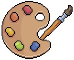Pixel art paint palette and brush vector icon for 8bit game on white background