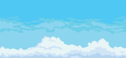 fondo de cielo de arte de píxeles con nubes, vector de cielo azul nublado para juego de 8 bits sobre fondo blanco