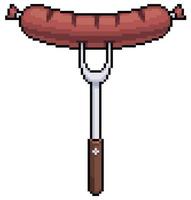 Pixel art grilled sausage on fork vector icon for 8bit game on white background