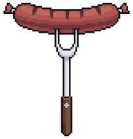 Pixel art grilled sausage on fork vector icon for 8bit game on white background