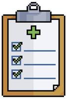 portapapeles médico de pixel art, icono de vector de portapapeles de información hospitalaria para juego de 8 bits sobre fondo blanco