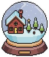 Pixel art christmas snow globe with with house and pine trees 8bit vector on white background