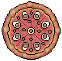 pizza portuguesa de pixel art con huevo, jamón y aceitunas icono de juego de 8 bits sobre fondo blanco vector