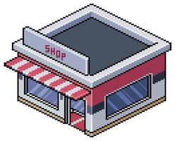 Pixel art isometric store shop in the city vector for 8 bit game