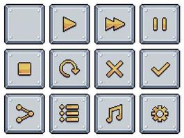 Pixel art metallic style buttons for game and app interface vector icon for 8bit game on white background