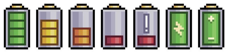 Pixel art battery charged and discharged icons for mobile vector icon for 8bit game on white background