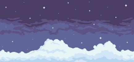 Pixel art night sky background with clouds and stars for game 8 bit vector