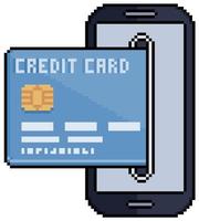 Pixel art online payment with credit card and cell phone vector icon for 8bit game on white background