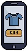 Pixel art buy clothes over the phone vector icon for 8bit game on white background