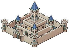 Pixel art isometric medieval castle vector icon for 8bit game on white background