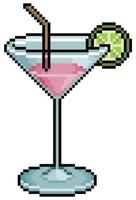 Pixel art cocktail drink in glass with straw and lemon vector icon for 8bit game on white background