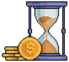 Pixel art time is money, expect investment. Hourglass and coins vector icon for 8bit game on white background