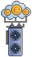 minería de criptomonedas en la nube de pixel art. minería con icono de vector de tarjeta de video para juego de 8 bits sobre fondo blanco