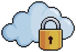 nube de pixel art y candado. icono de vector de protección de datos en la nube para juego de 8 bits sobre fondo blanco