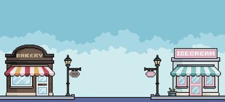 Pixel art shopping street with bakery and ice cream shop retro style Urban landscape Cityscape background for 8bit game vector
