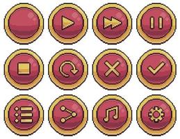 Pixel art round buttons for game interface vector icon for 8bit game on white background