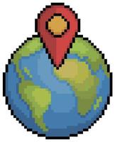 Pixel art Earth globe with GPS location icon vector for 8bit game on white background