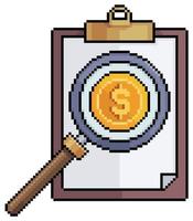 Pixel art profit analysis with magnifying glass and clipboard vector icon for 8bit game on white background