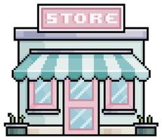 tienda de pixel art con construcción de vector de toldo para juego de 8 bits sobre fondo blanco