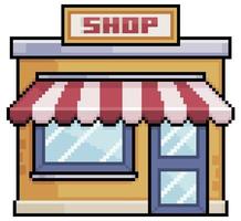 Pixel art shop store with red awning vector build for 8bit game on white background