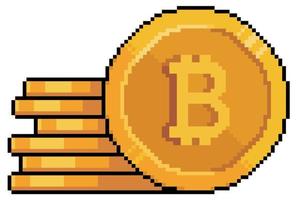 Pixel art bitcoin stacked cryptocurrency vector icon for 8bit game on white background