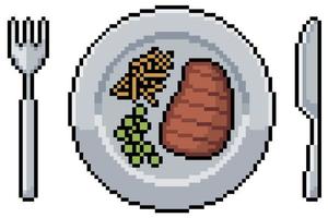 Pixel art Meal with steak, fries and peas. Plate, fork and knife. 8bit Game Item vector