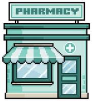 fachada de farmacia de pixel art con construcción de vector de toldo para juego de 8 bits sobre fondo blanco