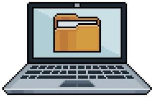 Pixel art laptop computer with document folder icon vector icon for 8bit game on white background