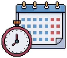 Pixel art calendar with stopwatch vector icon for 8bit game on white background